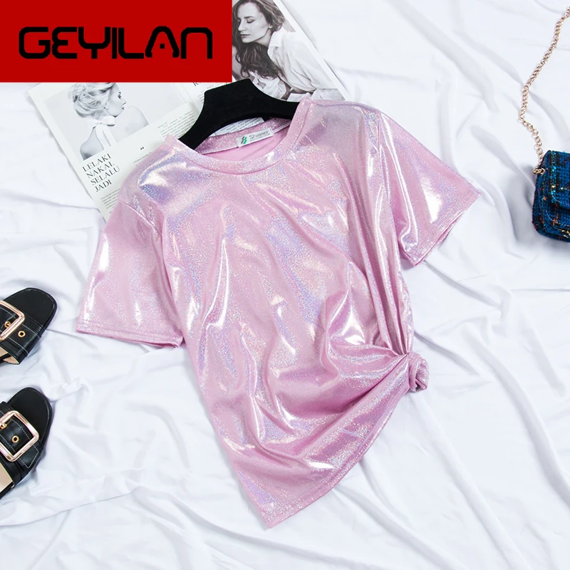 

Satin Shinning Women Fashion T-shirt O' Neck Tops Lady's Sexy Night Club T-shirt Pleat Waist Short Sleeve T shirt