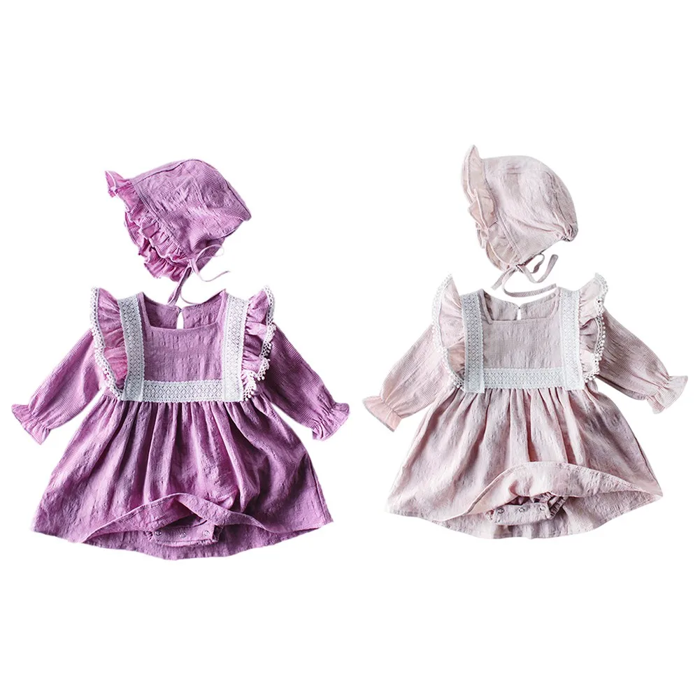 Autumn Newborn Baby Girls Lace Design Rompers Set Cute Romper Jumpsuit Sets Long Sleeve Solid Bodysuit Casual Jumpsuit With Hat