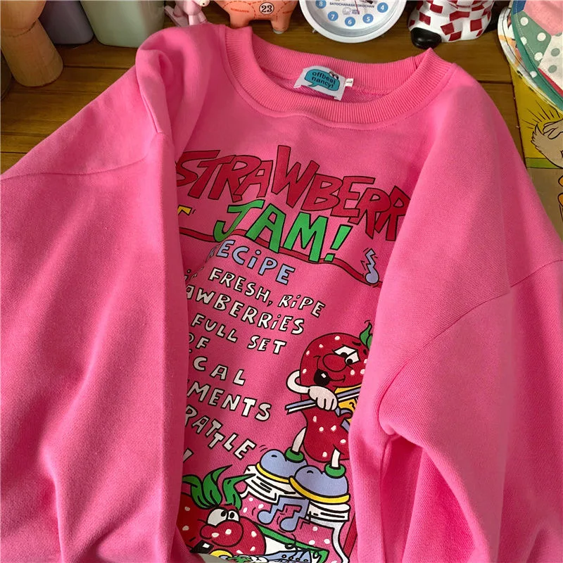 2021 New Harajuku Retro Top Strawberry Print Hoodie Women Loose Streetwear Sweatshirt American Retro Oversized Pullover