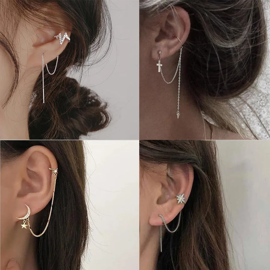 Fashion Cubic Zirconia Crystal Ear Clip Personality Long Chain Tassel Earrings Star Moon No Pierced Jewelry Wholesale | Украшения и