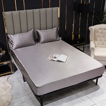 

1 PC Bed Linen With Elastic Queen Size Gray Color Satin Double Sheet 150 Silk Fitted Smooth Sheet Sabanas Bed Cama Size