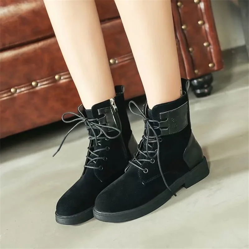 

Lace up Suede Boots Women Round Toe Mid Heel Martin Boots Women Short Plush Ankle Boots Women Square heel Zipper safety shoes