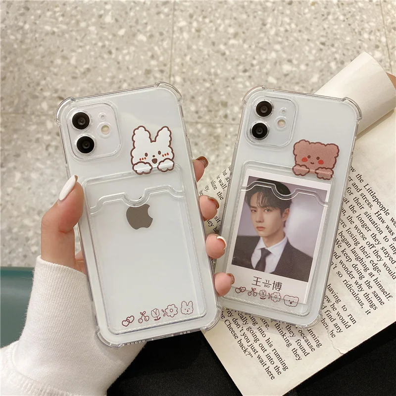 Cute Bear Cartoon Rabbit Shockproof Phone Case For iPhone 11 12 13 Pro XS Max X XR Mini 7 8 6 Plus Soft Wallet Cover Card Holder