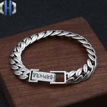 S925 Стерлинговое Серебро, ручная бижутерия, Ретро стиль, тайское серебро, шесть символов, мантра, модный тренд, дикий мужской браслет