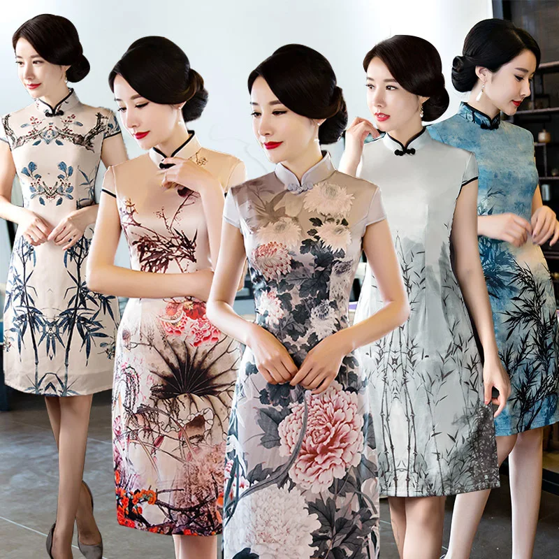 

New Arrival Chinese Style Dress Women Slim Short Qipao Mandarin Collar Short Sleeve Cheongsam Size M L XL XXL 3XL
