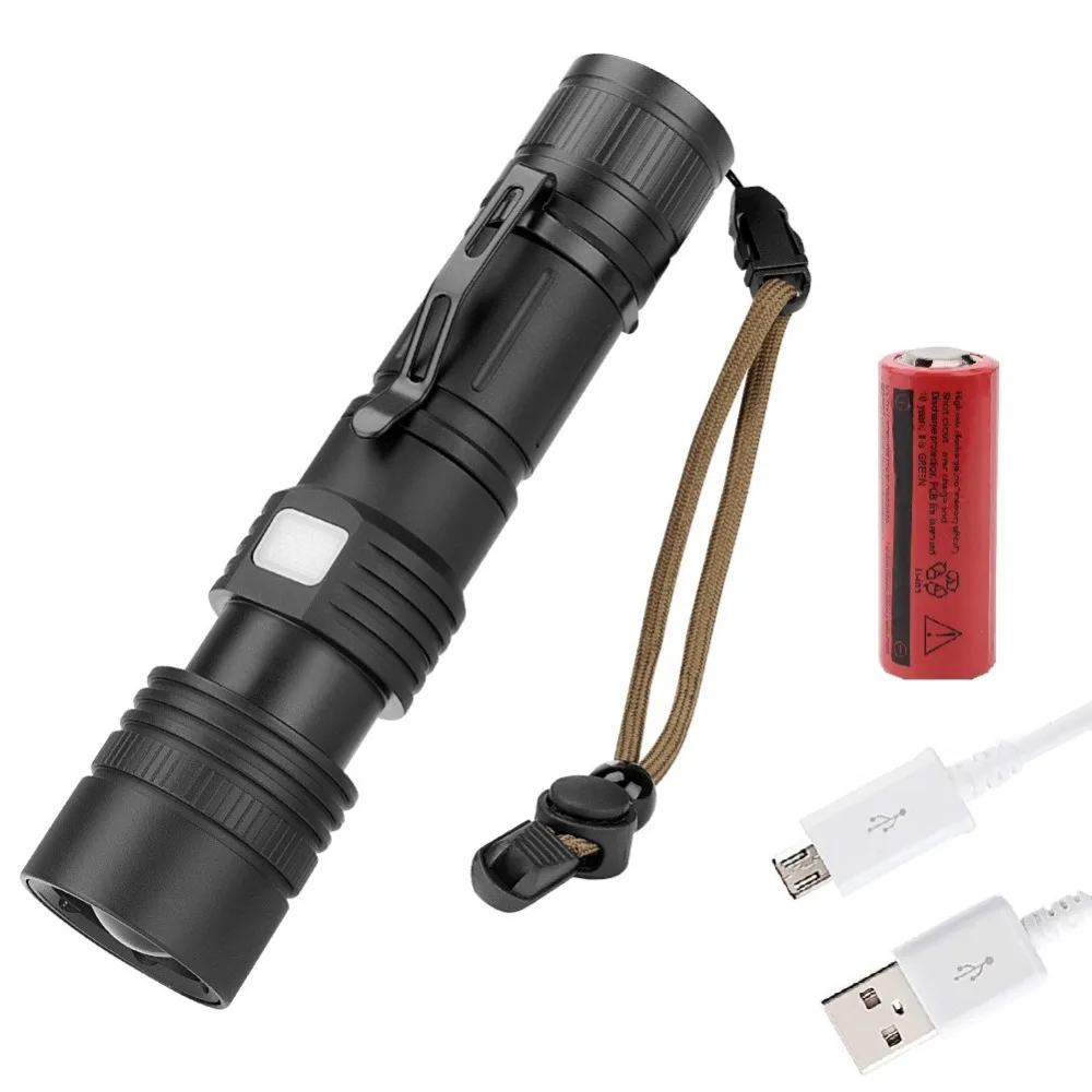 P50 LED Tactical Flashlight 5 Modes Zoomable Torch Waterproof USB Charging 26650 Scout Hunting Flash Light With Clip Tail Rope