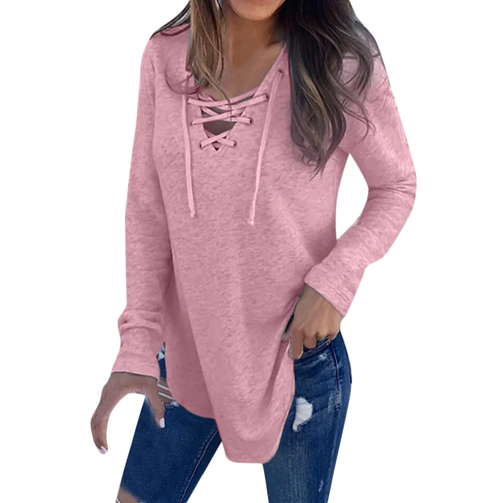 Shirt Women 2020 White Solid V Neck Strap Long Sleeve Shirt Top Autumn Blouse Casual Women's Clothes Ropa De Mujer 2