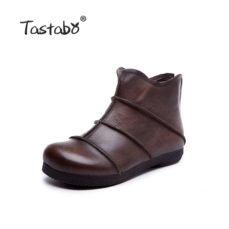 Tastabo Genuine Leather ladies ankle boots Vintage boots everyday Women's boots Brown Black S99602 Soft bottom Breathable lining