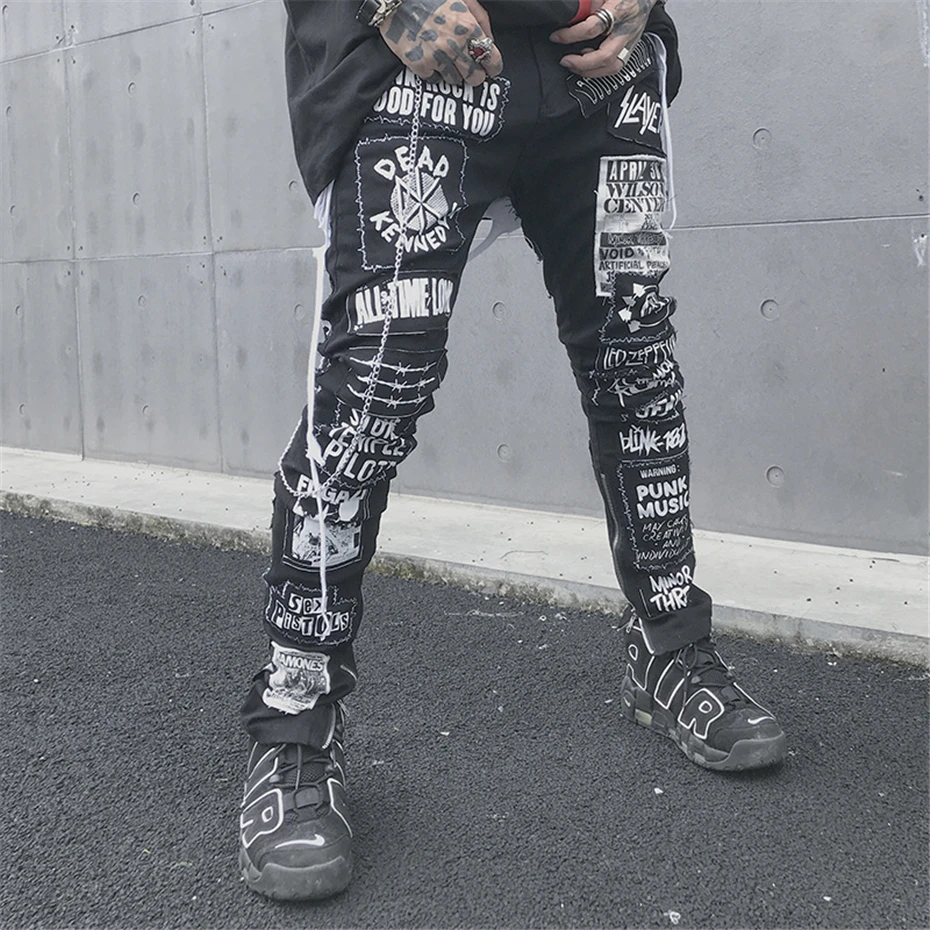 Мужские брюки с дырками, зауженные джинсы, уличная одежда с надписью, рваные облегающие байкерские джинсы, штаны в стиле хип-хоп, Мужские штаны, MG270
