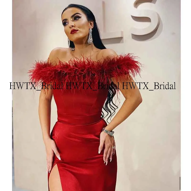 HWTX_Bridal, модное вечернее платье с перьями, вырез лодочкой, с открытыми плечами, с высокими разрезами, красное, длинное, Русалка,, Арабский Дубай, официальное платье для выпускного вечера