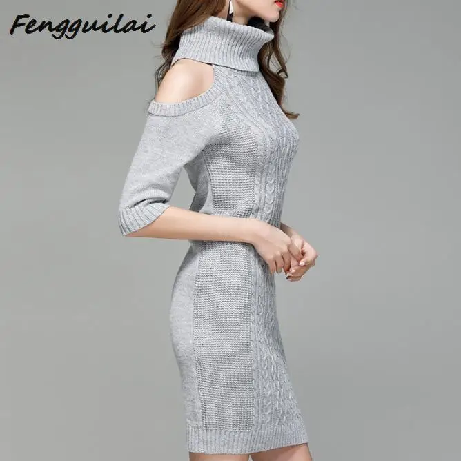 FENGGUILAI Autumn Winter Sexy Off Shoulder Turtleneck Sweater Dress Women Vintage Twisted Half Sleeve Long Pullovers Jumpers FENGGUILAI Autumn Winter Sexy Off Shoulder Turtleneck Sweater Dress Women Vintage Twisted Half Sleeve Long Pullovers Jumpers