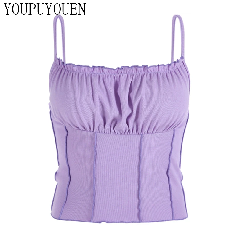 Sexy Crop Top Female Purple Cami Summer Sleeveless Tops Backless Spaghetti Strap Woman Festival Black Cute Cropped Clothes