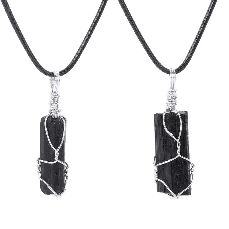 Reiki Pendant Necklace Natural Stone Black Tourmaline Crystal Pillar 