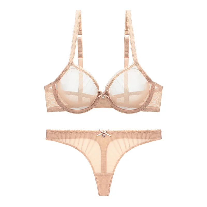 beige Varsbaby без подкладки прозрачное женское белье, расшитое блестками стринги из пряжи нижнее белье дышащий CDE бюстгальтер набор - Цвет: beige