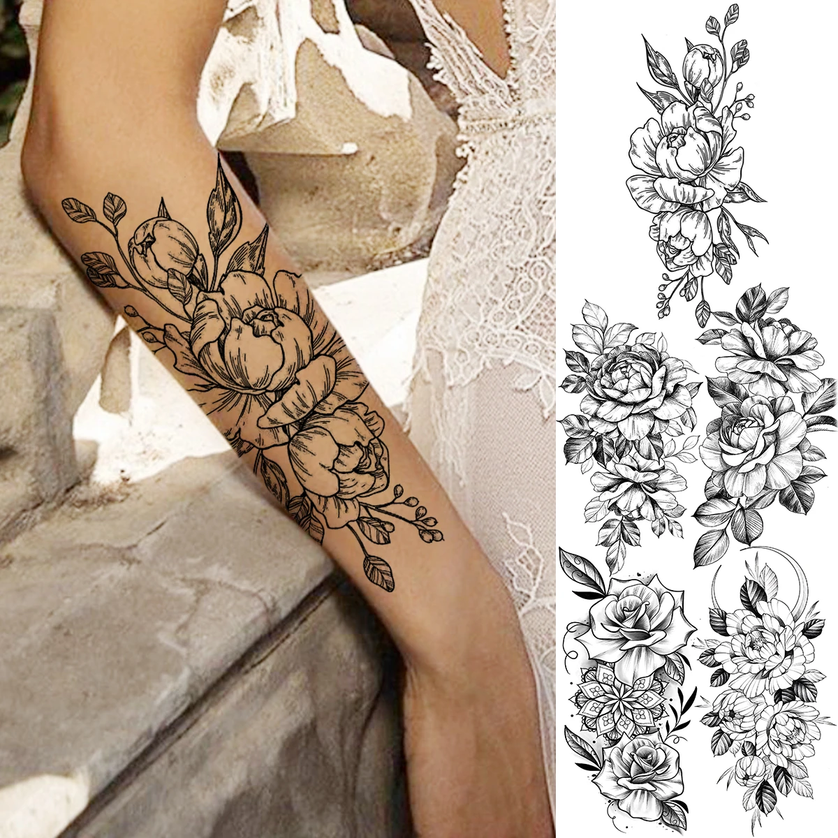 Tatouage Pivoine Avant Bras Femme Tatouages temporaires réalistes de Dahlia pour femmes adultes, faux tatouage  de Rose, de pivoine, de henné, de lune, à la mode, avant bras, papier  lavable | AliExpress