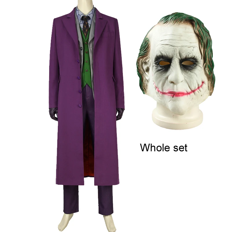 Бэтмен Джокер из "Темного рыцаря" костюм для взрослых на Хэллоуин мужские костюмы необычный наряд Джокера Маска юмора костюм клоун для косплея пальто - Цвет: whole set