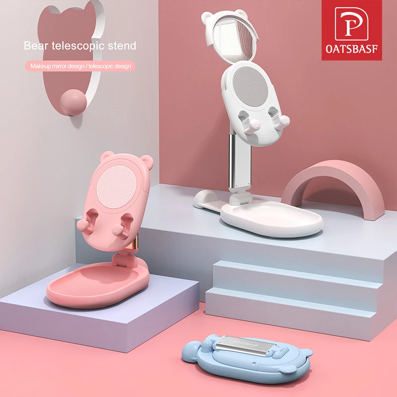 Cute Bear Phone Holder bunny Cell Phone Stand Height Adjustable Angle With Mirror Accessories Metal Material For iPhone iPad