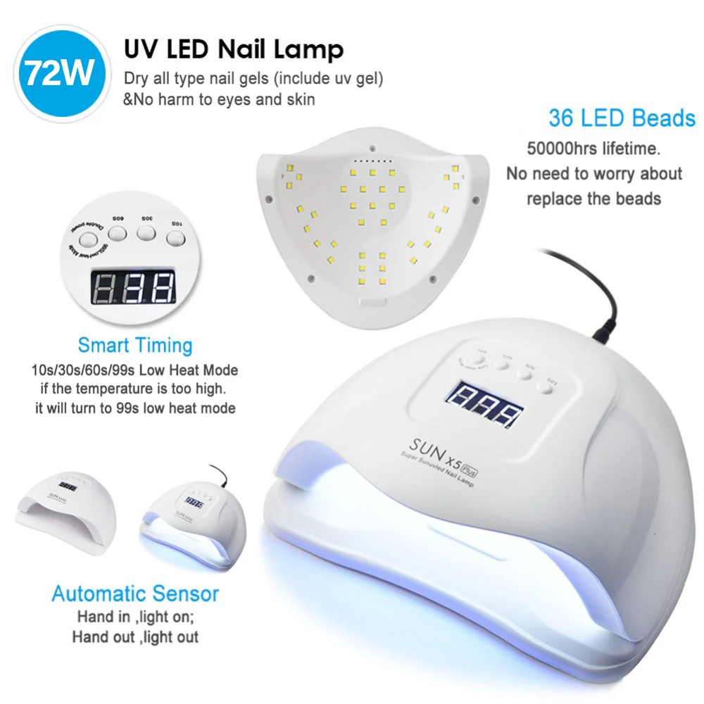 120/90/72/36W UV LED Nail Lamp For Manicure With Sensor 90s/60s/30s/10s timer LED Display For All Gels Efficient Nail Dryer