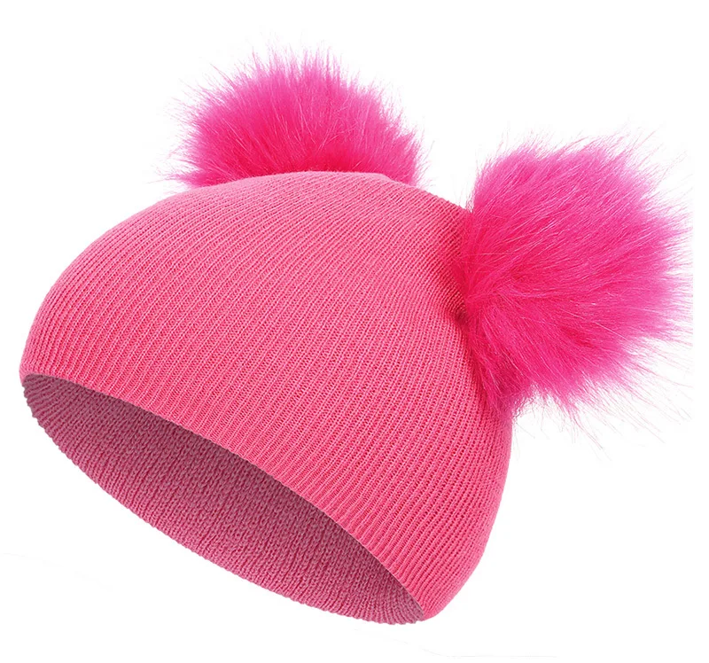 Модная зимняя детская шапка, теплая вязаная детская шапка для мальчиков и девочек, детская шапочка с помпоном из искусственного меха, 7 цветов - Цвет: Dark Pink