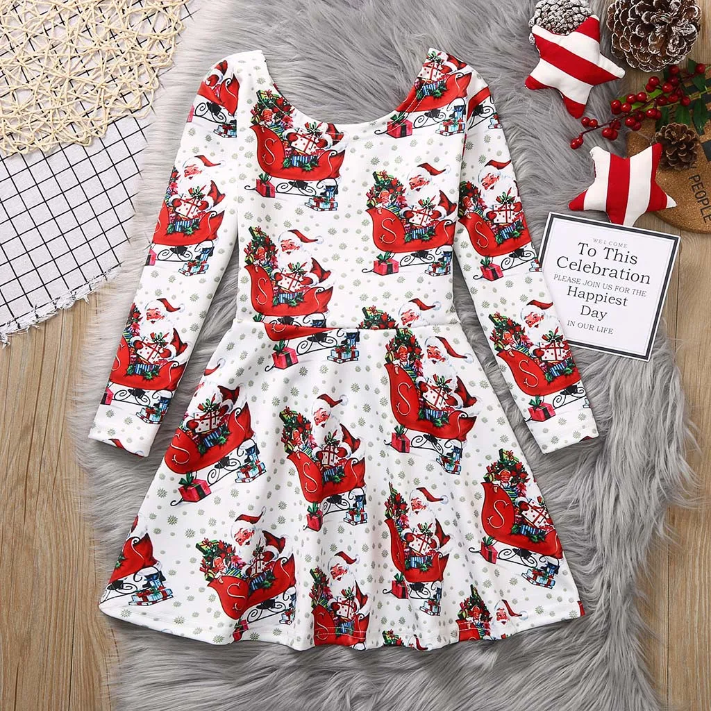 Повседневное рождественское платье для маленьких девочек; рождественское платье с круглым вырезом и рюшами с изображением Санты; платья принцессы; одежда для малышей