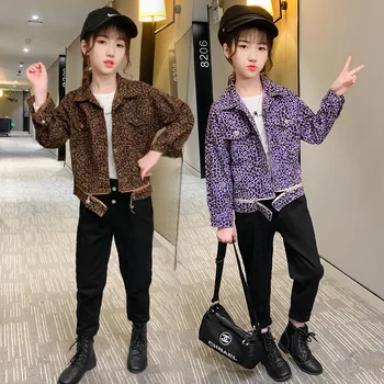 

New Fashion Teenage Girls Spring Autumn Denim Jacket Leopard Print Coat Baby Girl Jean Jackets Kids Coats Children Clothing 7 15