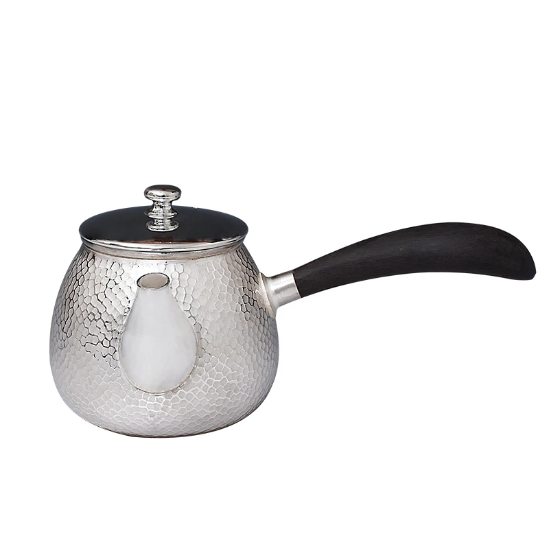

Silver Age Pure Handmade Silver Pot Pure Silver Kung Fu Tea Set Hammer Pattern Tea Pot Side Handle Mirror Matte Silver
