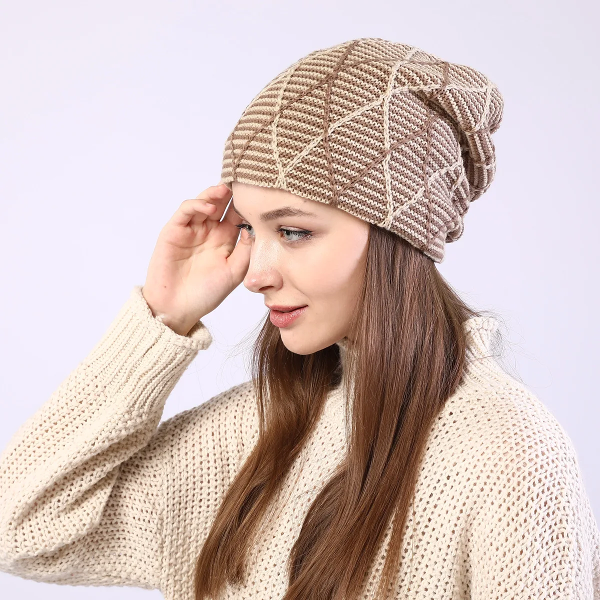 OMEA Diamond Plaid Knitted Beanie Hat for Women Beanies for Ladies Winter Skullies Hat Adjustable Pullover Plus Velvet Beanies