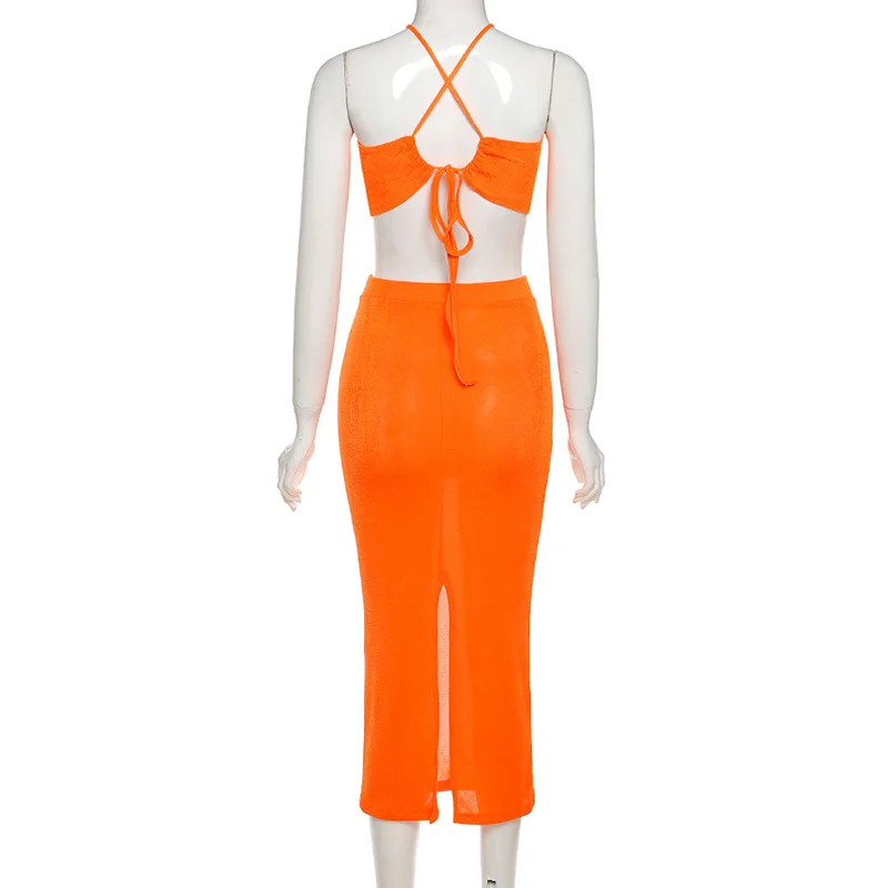 Halter Crop Top And Skirt Set Sexy Women Outfits Summer Dress Sets Cami Top Two Piece Set Skirt Elegant Party Club Outfits