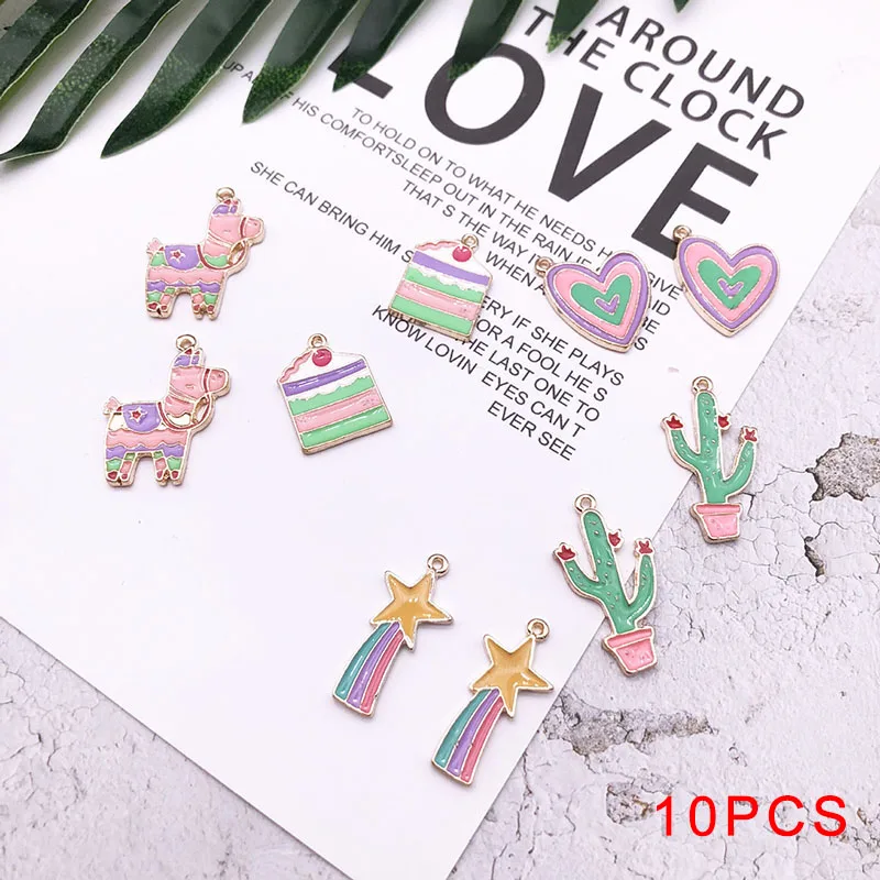 10Pcs/Lot Cartoon Llamas Cake Love Heart Cactus Enamel Charm Gold Metal Pendant Oil Drop Earring Jewelry Making DIY | Украшения и