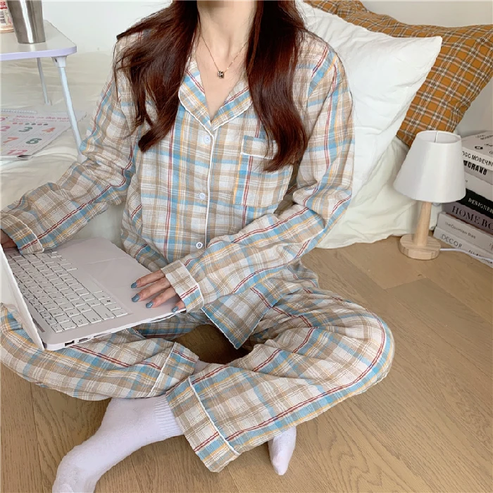 Ladies spring and autumn style net red printed plaid pajamas set lapel long-sleeved trousers 2-piece home service casual pajamas satin pajamas Pajama Sets