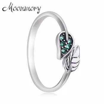 

Moonmory 925 Sterling Silver Dancing Leaves Leaf Green Dazzling CZ Finger Rings for Women Engagement Jewelry Angle Gift