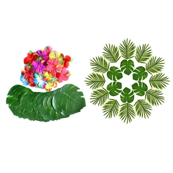 

24Pcs Palm Leaves Luau Party Decoration Artificial Simulation Tropical Monstera Plant Leaves & 60Pcs 8 Inch Tropical Palm Monste