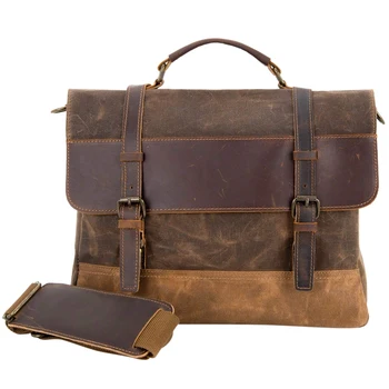 

Waterproof Laptop Briefcase Waxed Canvas Genuine Leather Laptop Bag Coffee