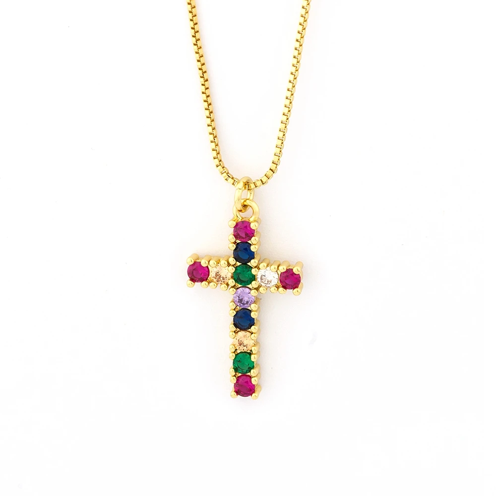 Rainbow Cross Crystal Pendant Gold Chain Necklace AAA Shiny Cubic Zirconia Choker Necklaces Fashion Jewelry Gifts For Women