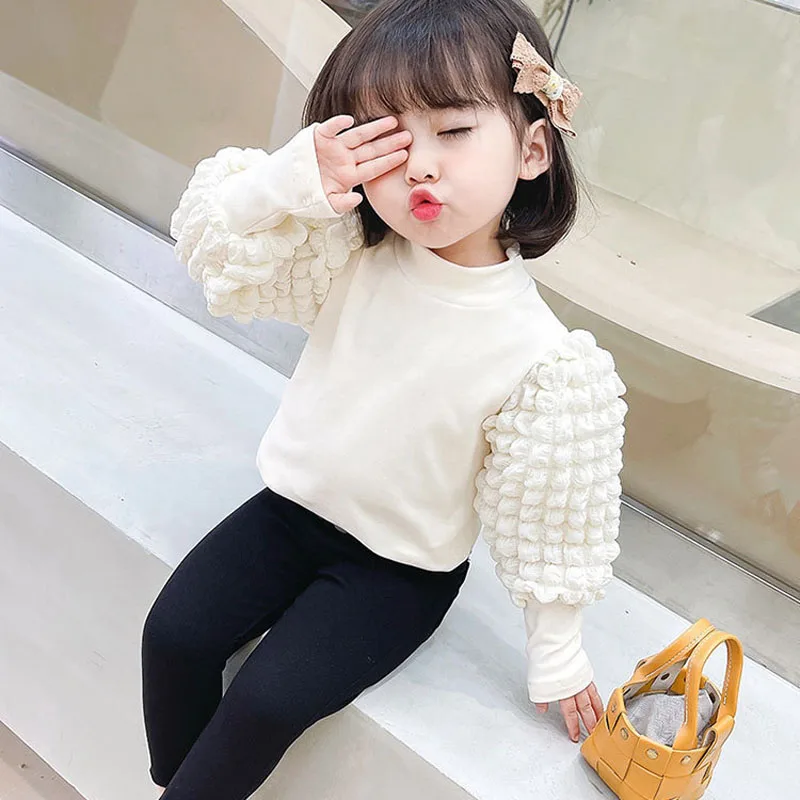 

Girls Long Sleeve T-shirt Fall 2021 New Puff Sleeve Tops Children's Base Shirt Solid Color Clothing