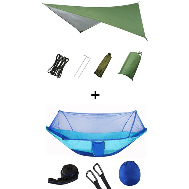 Green and lightblue Outdoor Portable Hammock with Mosquito Net and Rain Fly Camping Backpacking Bug Hammocks and Netting Parachute Hammock Canopy - Color: Green and lightblue