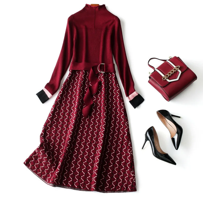 Женское зимнее платье-свитер, водолазка с длинным рукавом, элегантное ТРАПЕЦИЕВИДНОЕ платье с поясом, вязаное жаккардовое платье с геометрическим рисунком, бургундское