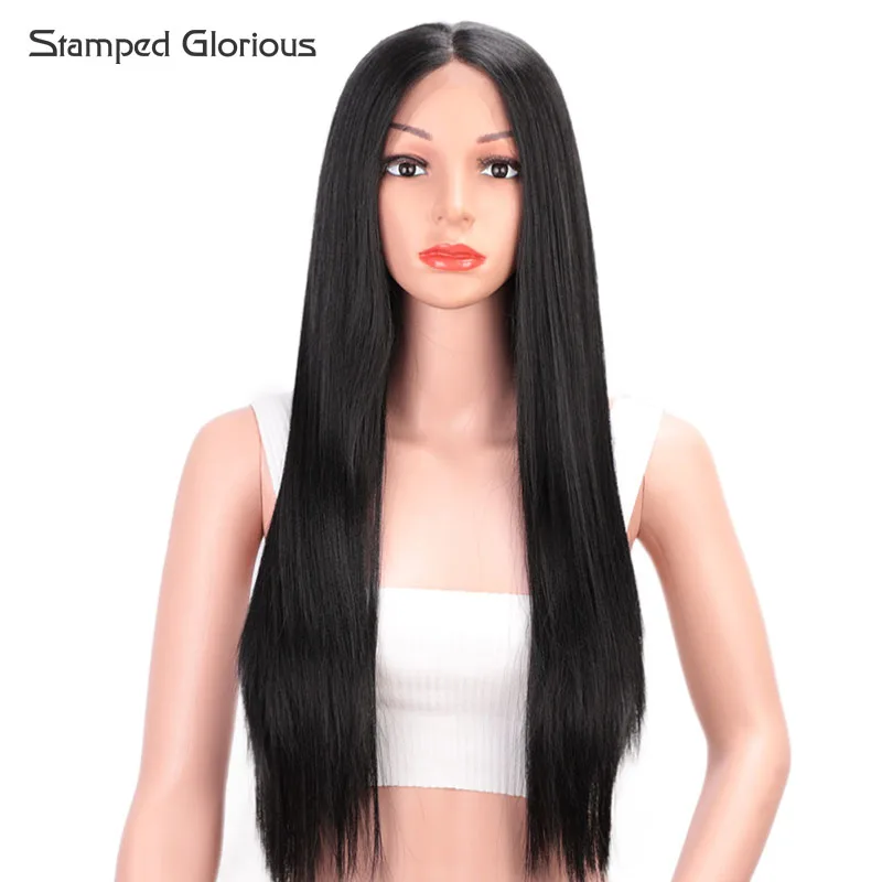 Штампованные славные 13*6 Кружева передние парики длинные прямые черные синтетические волосы Кружева передние парики для женщин синтетические термостойкие парики