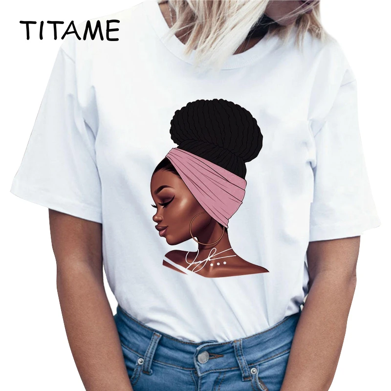 

TITAME Women T Shirt Girl's Summer Tops Melanin Poppin Short Sleeve Printing T Shirt Female O-neck Casual T Shirt Tops