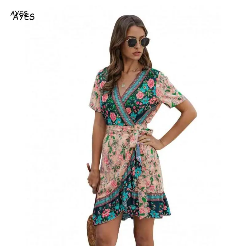 

Retro Print Dress Women 2020 Sumemr Ruffles Mini Dress Boho Floral Short Sleeve Dresses V Neck Criss Cross Belt Sundress Womens