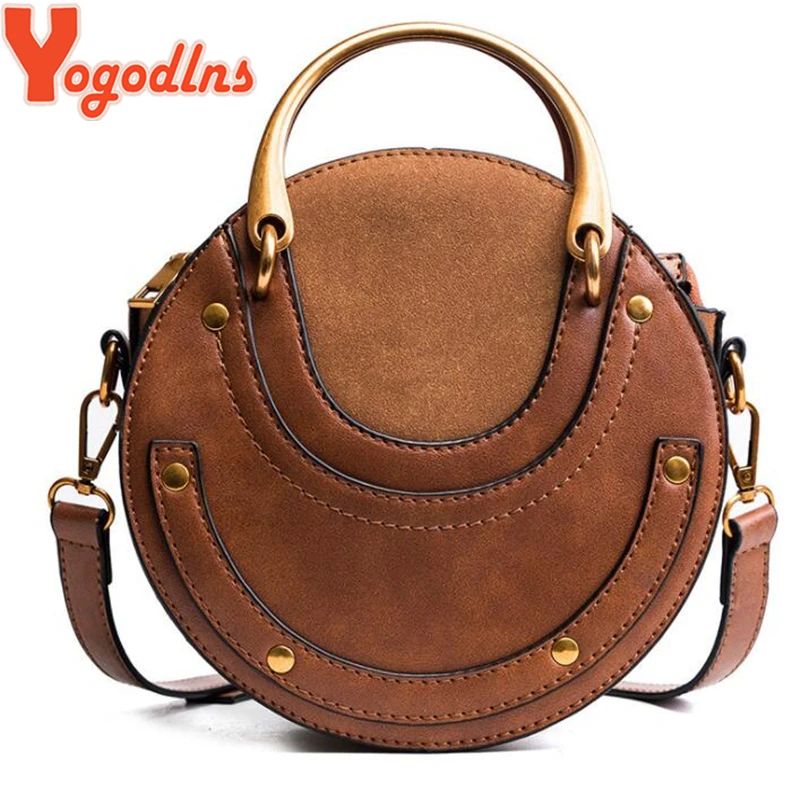 

Yogodlns Retro Simple Round Crossbody Bags for Women Matte PU Leather Shoulder Bags Top-handle Handbags Purse Fashion Rivets