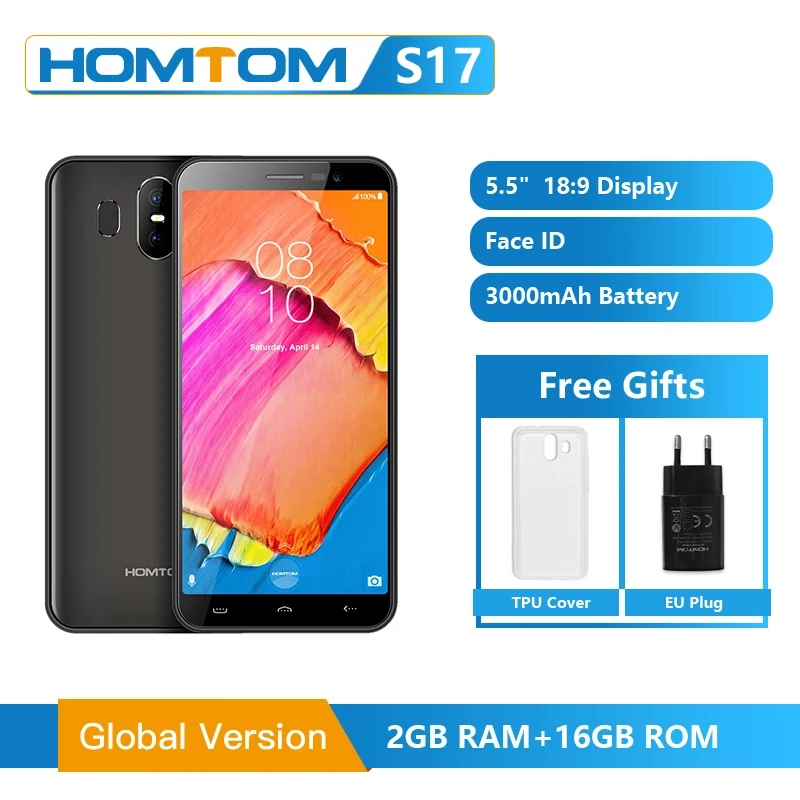 

HOMTOM S17 2GB RAM 16GB ROM Mobile Phone Android 8.1 mt6850 Quad Core 5.5" 18:9 Full Display Fingerprint Face ID Smartphone