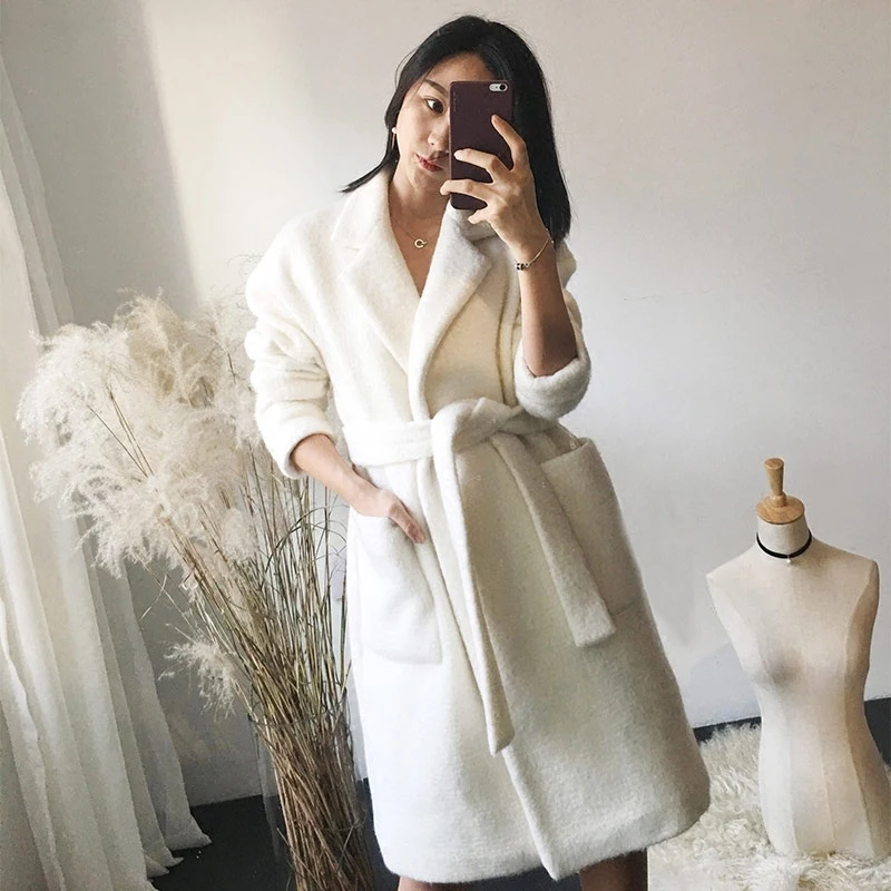 

[EWQ] 2019 Autumn New Pattern Office Lady Style Solid Color Full Sleeve Loose V Collar Double Breasted Slim Woolen Coat AF600