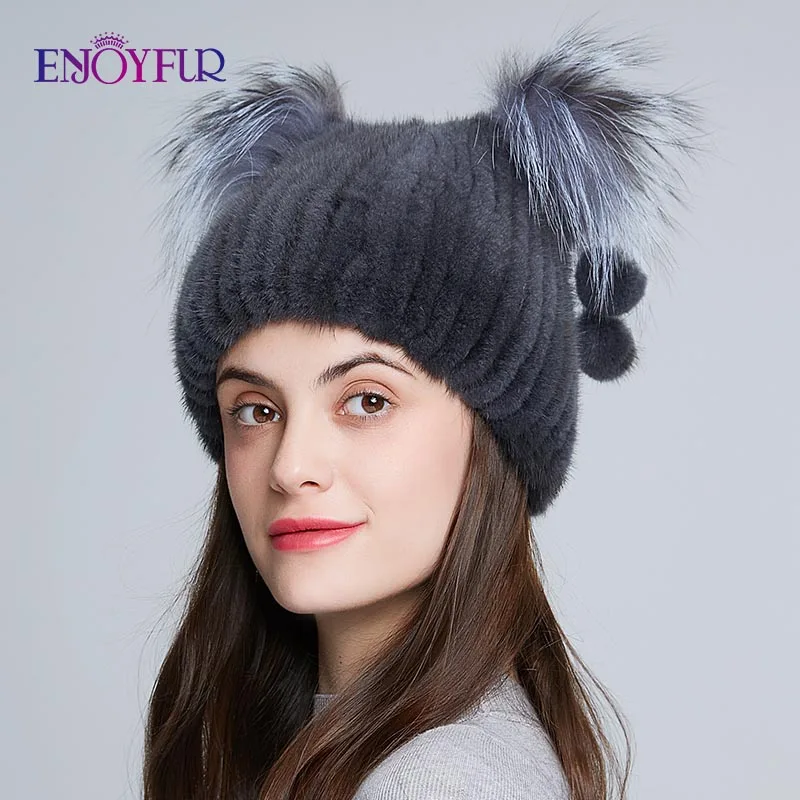 Женская шапка с ушками кошки ENJOYFUR из натурального меха норки помпонами для зимы и