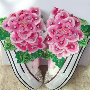 

Womens Round Toe Canvas Peony Flowers Embroidery Rhinestones Sneakers Wedge Hidden High Heel Platform Shoes White Lace DIY