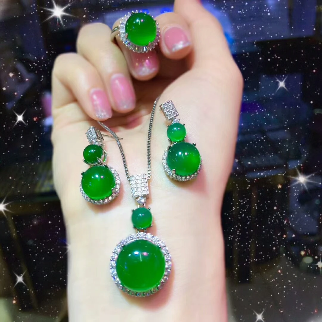 2020 New Arrive S925 Sterling Silver Green Jade Gemstone Round Chalcedony Pendant Necklace Ring Earrings Jewelry Sets | Украшения и