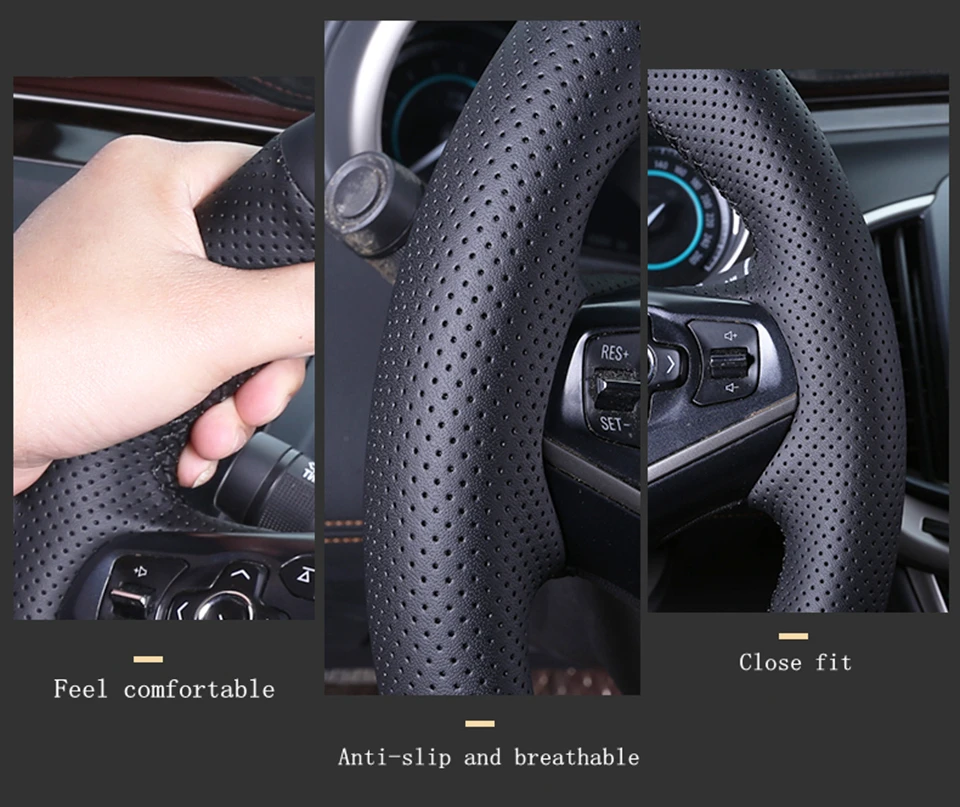 YSQOFDNFD Couvre Volant Pour Seat Pour MII Pour Leon Pour Arosa Pour Exeo St Pour FR 38cm Housse De Volant De Voiture En Fibre De Carbone + Cuir Antidérapante Couverture Volant Voiture(Black