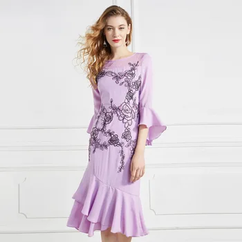 

2020 Season Embroidery Gauze Lotus Leaf Edge Round Neck Medium Length Money Temperament Solid Color Women's Wear Dress