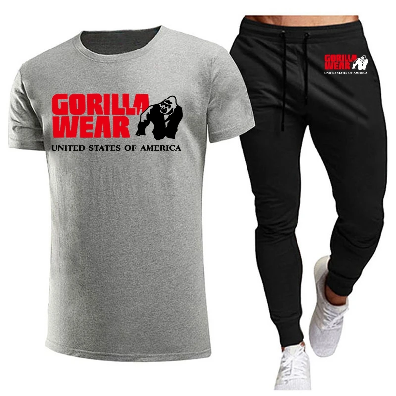 mens short sets Gorilla wear New Men's Tracksuits summer men's sets fitness wear short-sleeved T-shirts+trousers set cotton brand Men's clothing mens shorts and t shirt set