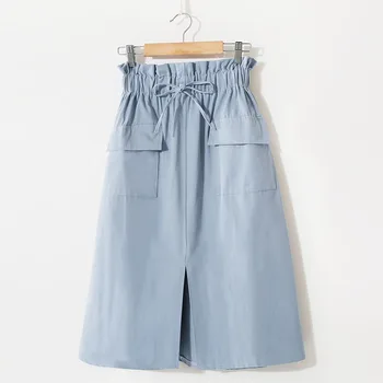 

Front Slit Pockets Summer Skirts Autumn Casual Lace Up Womens Fashion High Waist Vintage Midi Skirt A Line Skirt